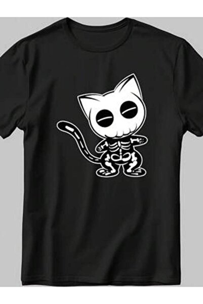 26LIK تي شيرت نسائي بأكمام قصيرة باللون الأبيض من Skeleton Cat L327