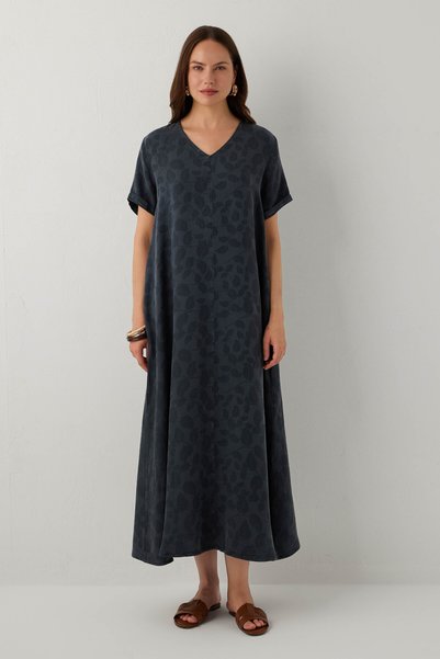 İpekçi Otantik Woven Flora Textured Tencel Bell Dress Anthracite