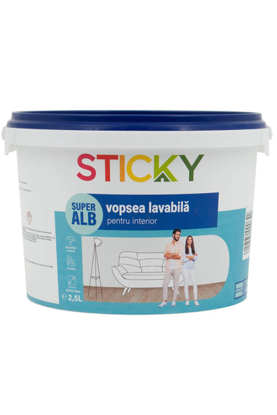 Sticky Vopsea lavabila alba Sticky, de interior, 2.5 L, aspect mat
