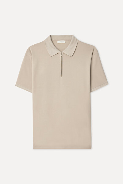 Mudo Men's Beige Color Zippered Polo Collar Short Sleeve T-Shirt