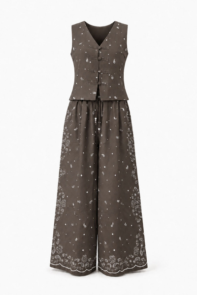 Özge Özgenç Linen Patterned Vest and Trousers Set