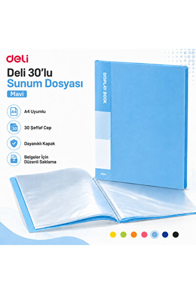 Deli A4 30'lu Sunum Dosyası 30 Şeffaf Cepli Display Book Evrak Belge ve Proje...