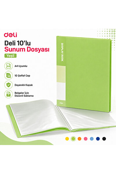 Deli A4 10'lu Sunum Dosyası 10 Şeffaf Cepli Display Book Evrak ve Belge Dosyası