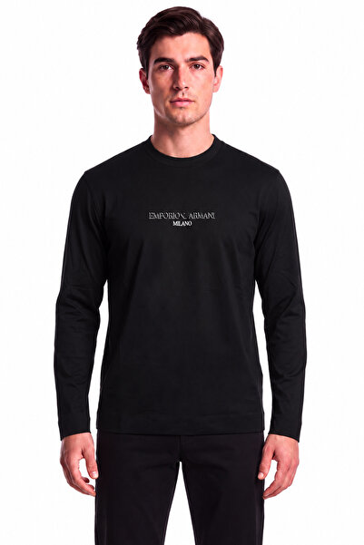 Emporio Armani Men's Regular Fit Logo Patterned Crew Neck Long Sleeve Black T...