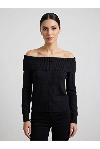 ON TRİKO Madon Collar Fabric Covered Buttoned Knitwear Sweater 10343