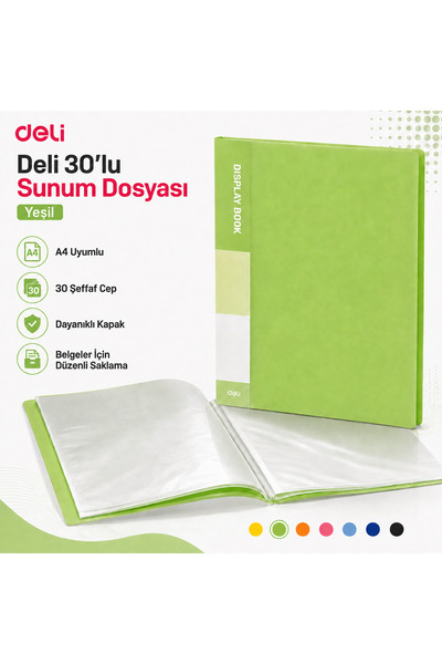 Deli A4 30'lu Sunum Dosyası 30 Şeffaf Cepli Display Book Evrak Belge ve Proje...