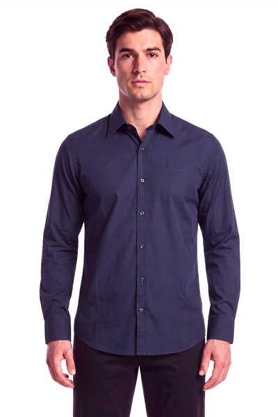 PAUL&SHARK Men's Regular Fit Cotton Logo Embroidered Long Sleeve Navy Blue Shirt