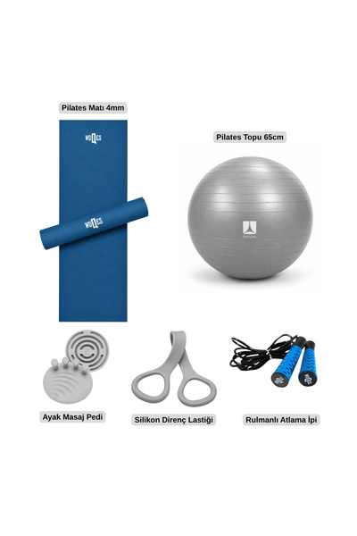 Rebuwo Evde Pilates ve Fitness Seti - Pilates Matı 4mm + 65 cm Pilates Topu + Silikon Direnç Lastiği + Ayak Masaj Pedi