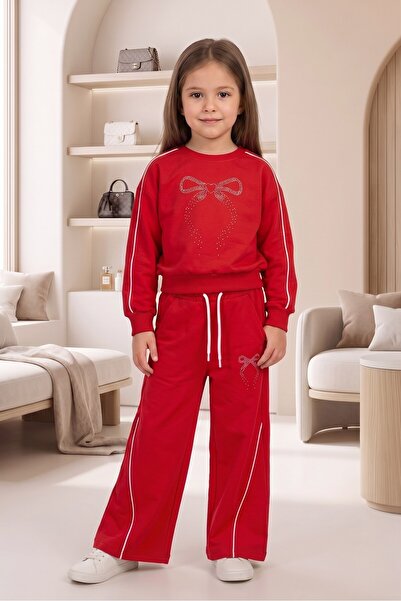 NEWKİDS Girls' Set Children's Long Sleeve Set with Stone-Backed Bow, Red Deta...