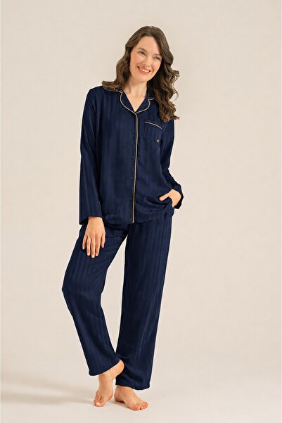 Pierre Cardin Women's Navy Blue Woven Fabric Shirt Pajama Set, Viscose Fabric