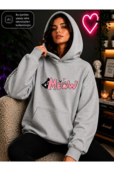 EMMODA Women's Cat Figured Meow Typography Printed Hooded Kangaroo Pocket Cot...