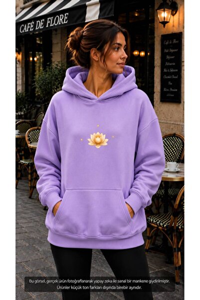 EMMODA Women's Lotus Flower Printed Sparkling Star Motif Hooded Kangaroo Pock...