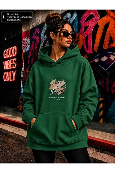 EMMODA Women's Typographic Make It Happen Graphic Printed Hooded Kangaroo Poc...