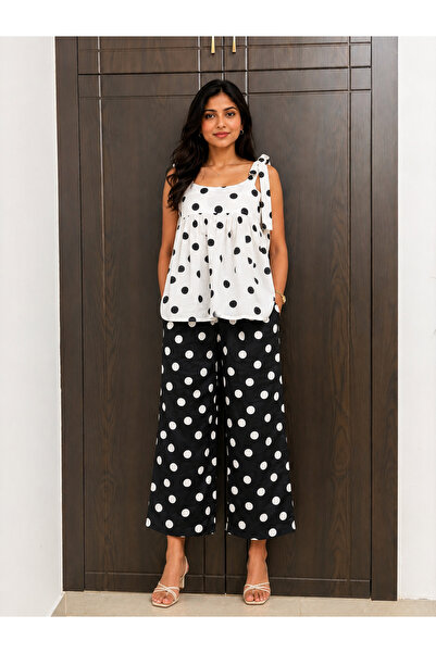 Devoiler Women’s Black & White Polka Dot Cotton Co-Ord Set – Sleeveless Top &...