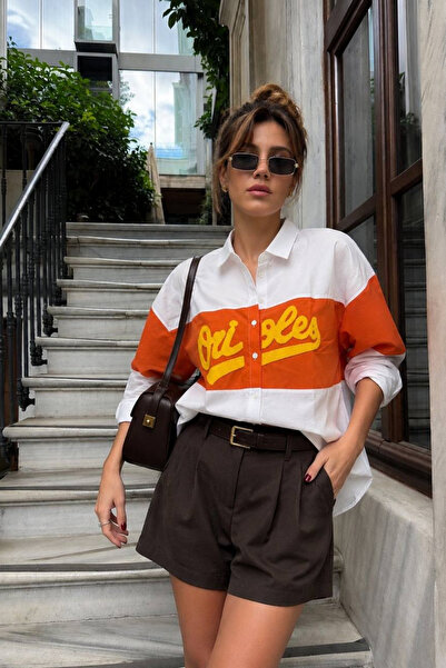 oshebu Women's Loose Fit Letter Print Long Sleeve Color Block Shirt