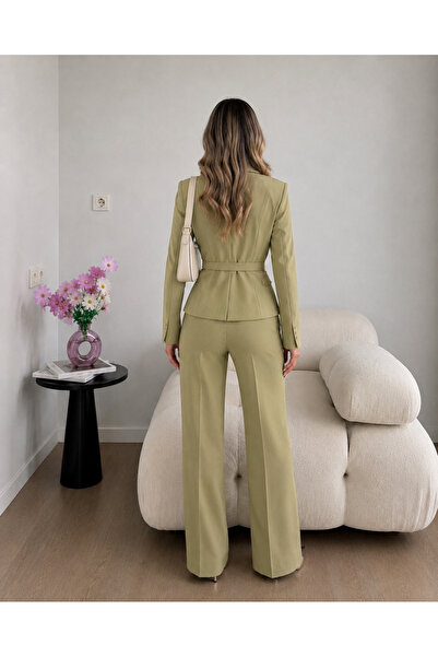 Ekim Store Kemerli Gold Düğmeli Ceket Pantolon İkili Blazer Takım