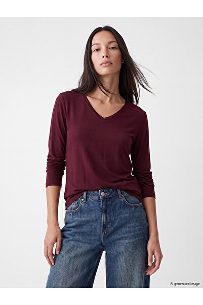 LC Waikiki Peak New Season Burgundy V-Neck Women's T-Shirt