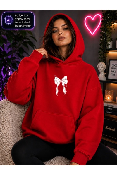 caddekombin Women's Minimal White Ribbon Printed Hooded Kangaroo Pocket Cotto...