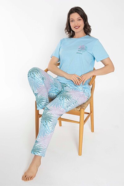 I BIZA Blue Tropical Patterned Short Sleeve 100% Cotton Women's Pajama Set