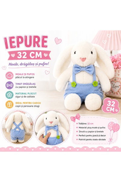 SHOP LIKE A PRO Iepure de Pluș, 32 cm, cu Papion și Pantaloni cu Bretele, Moa...