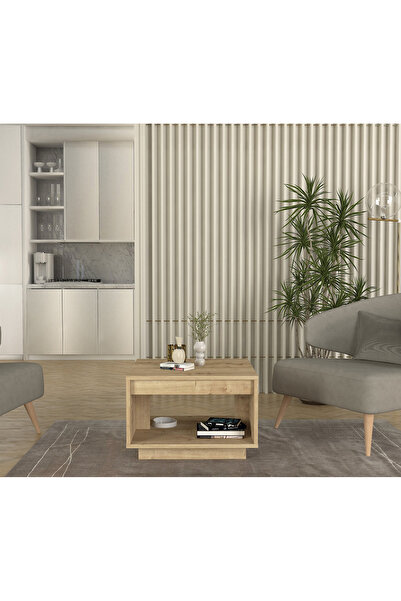 Dekorister Onda Kare Raflı Orta Sehpa – Safir Meşe Modern Salon Sehpası
