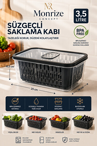 Monrize Concept 3,5 Litre Süzgeçli Saklama Kabı Sebze Meyve Yeşillik Saklama ...
