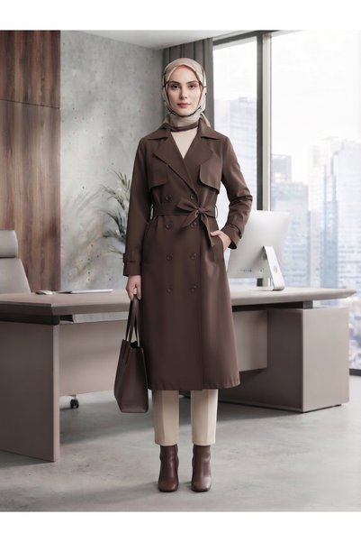 B.HE.Z Double-Breasted Collar Bondik Water Repellent Fabric Lined Trendy Model Below the Knee Trench Coat Bitter Brown