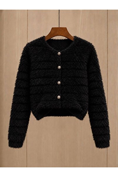DAĞON'S Shadowy Gold Buttoned Women's Beard Knitwear Cardigan