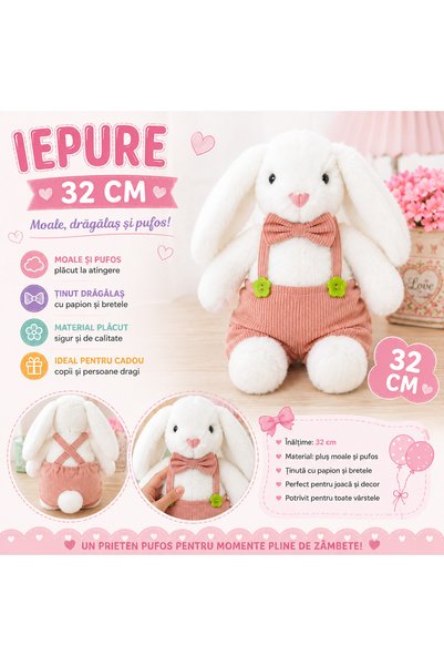 SHOP LIKE A PRO Iepure de Pluș, 32 cm, cu Papion și Pantaloni cu Bretele, Moa...