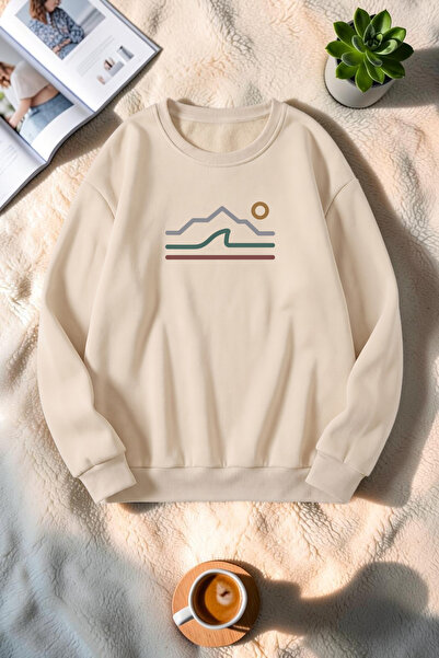 uyguntarz Unisex Striped Mountain Print Crew Neck Sweatshirt