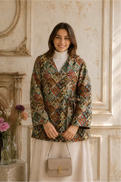 SADEL Astarlı Beli Bağlamalı Desenli Kimono - Bej