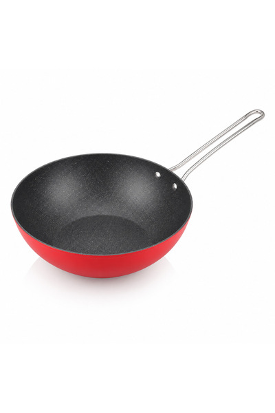 Genel Markalar 28 cm Kırmızı Titanyum Wok Tava – Derin Yapılı Çift Metal Saplı