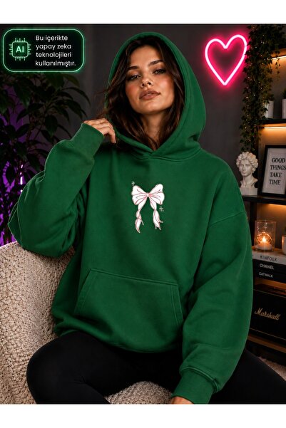 caddekombin Women's Minimal White Ribbon Printed Hooded Kangaroo Pocket Cotto...