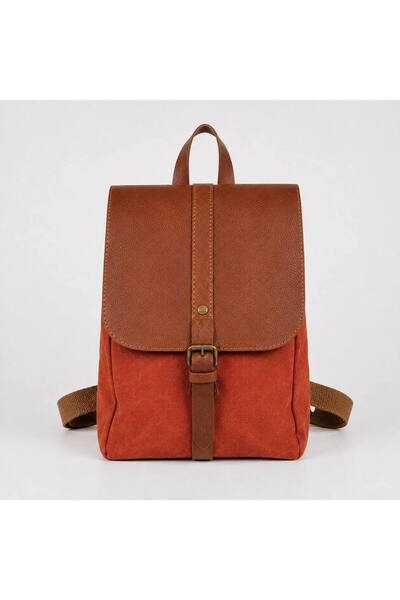 OLD COTTON BAGS Kadın Kiremit Deri Detaylı Kanvas Sırt Çantası 35x24x15cm