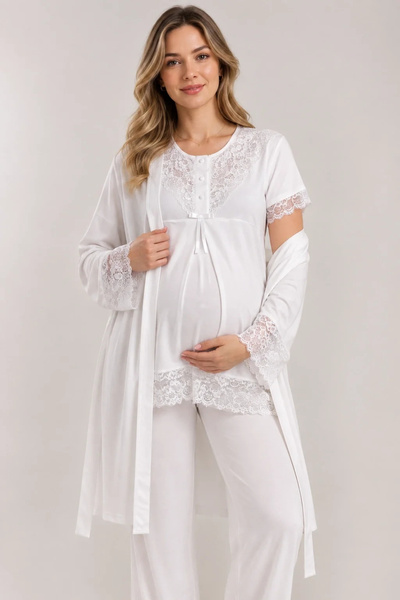 bysoca Women's Ecru Maternity Pajama Set, Short Sleeve, Lace, Cotton, 3-Piece...