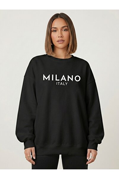 ZAVIXO Oversize Sweatshirt Milano Italy Minimal Text Printed Crew Neck Long S...