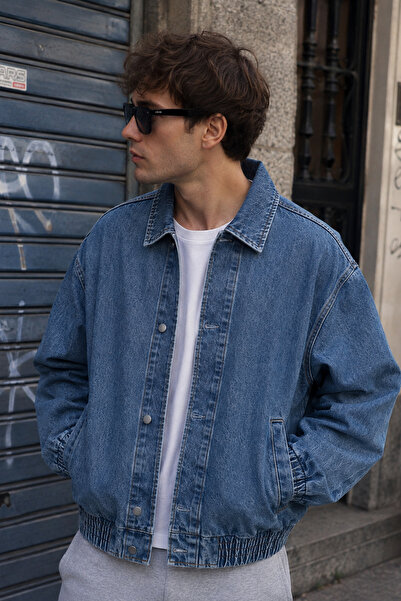 Bossago Men's Oversize Patterned Blue Denim Bomber Jeans Jacket