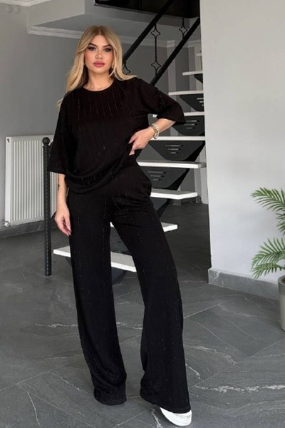 WOMAN VISION Women's Silvery Striped Design Short Sleeve Blouse and Wide Leg ...