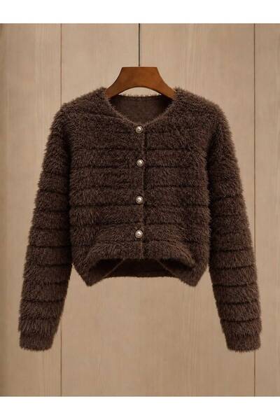 DAĞON'S Shadowy Gold Buttoned Women's Beard Knitwear Cardigan