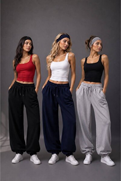 COLNY 3 Pieces Black+Gray+Navy Blue Track Pants with Elastic Waistband