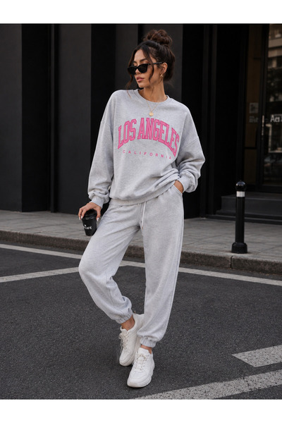 ZAVIXO Los Angeles California Pink Printed Oversize Sweatshirt Jogger Pants T...