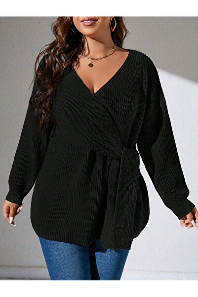 S.ÇLK Women's Plus Size Double Breasted V-Neck Belted Knitwear Tunic
