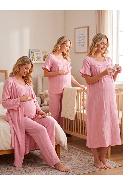 Lohusa Homewear New Season Powder Muslin Fabric Buttoned Breastfeeding Compat...