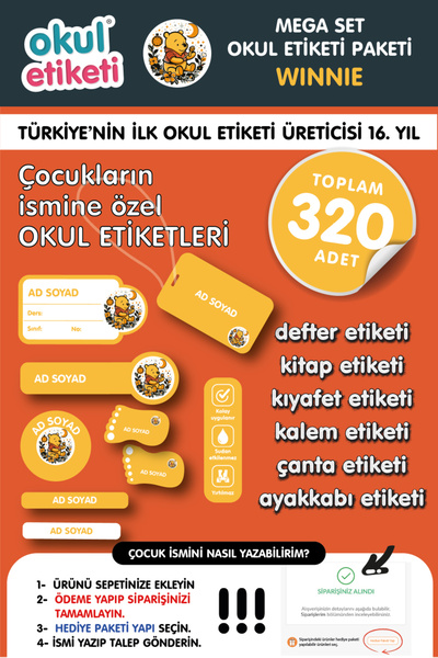 OKUL ETİKETİ BASKI MEGA WINNIE TEMALI PAKET İSME ÖZEL OKUL ETİKETİ / STICKER ...