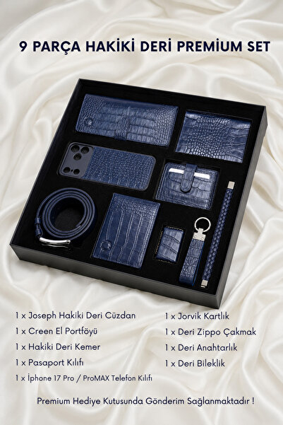 CüzCan iPhone 17 Pro Compatible 9 Piece Genuine Leather Men's Gift Set Wallet...