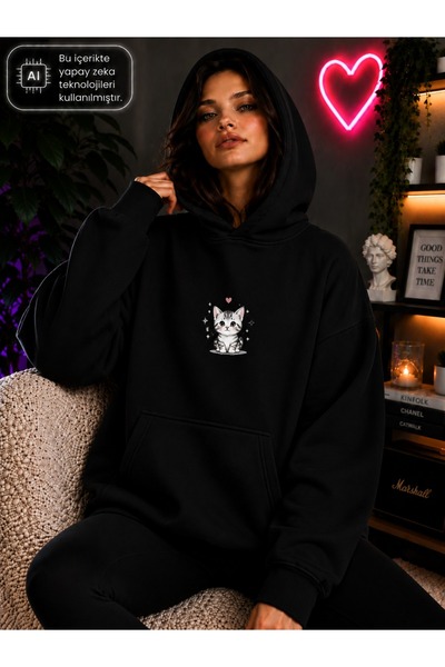 caddekombin Women's Cute Kitten Printed Hooded Kangaroo Pocket Cotton Casual ...