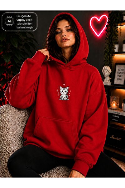 caddekombin Women's Cute Kitten Printed Hooded Kangaroo Pocket Cotton Casual ...