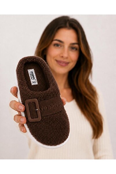 redtan Women's Bitter Brown Plush Slippers with Furry Buckle, Warm Sole, Comf...