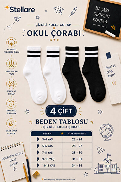 stellare 4 para bešavnih prugastih školskih čarapa za decu
