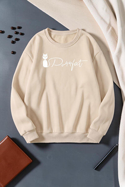 uyguntarz Unisex Cat Purrfect Printed Crew Neck Sweatshirt